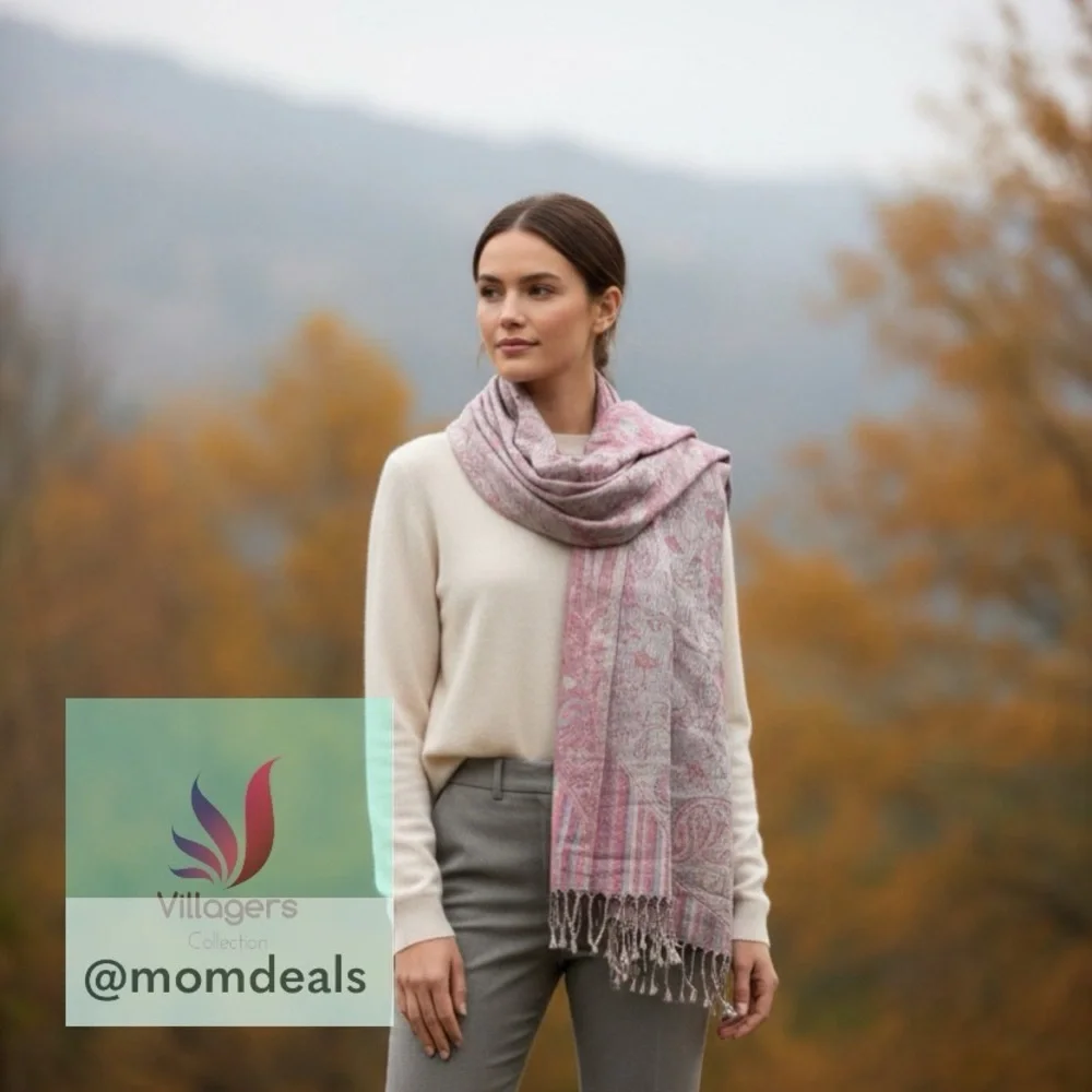 Elegant Shawl in Silver & Pink Paisley- Versatile Wrap, Scarf, Veil Soft Rayon